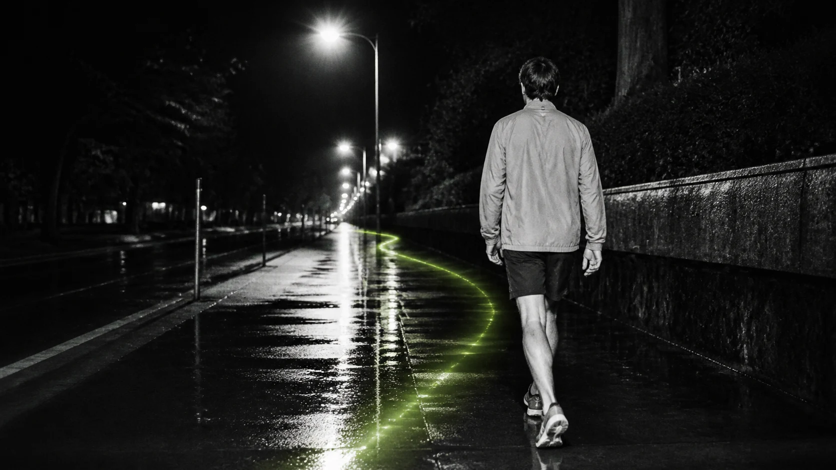 Black-and-white flash photograph of a lone walker following a green route trace on wet pavement at night