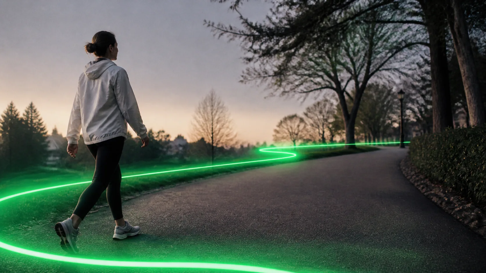 Beginner walker following a green route line through a quiet park at dawn