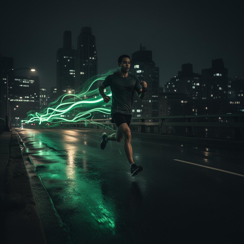 Night runner accompanied by a flowing green light trail