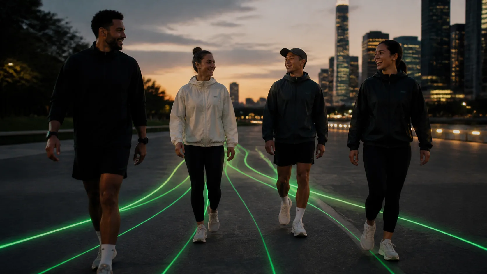 Four friends walking together as green route lines converge beneath them