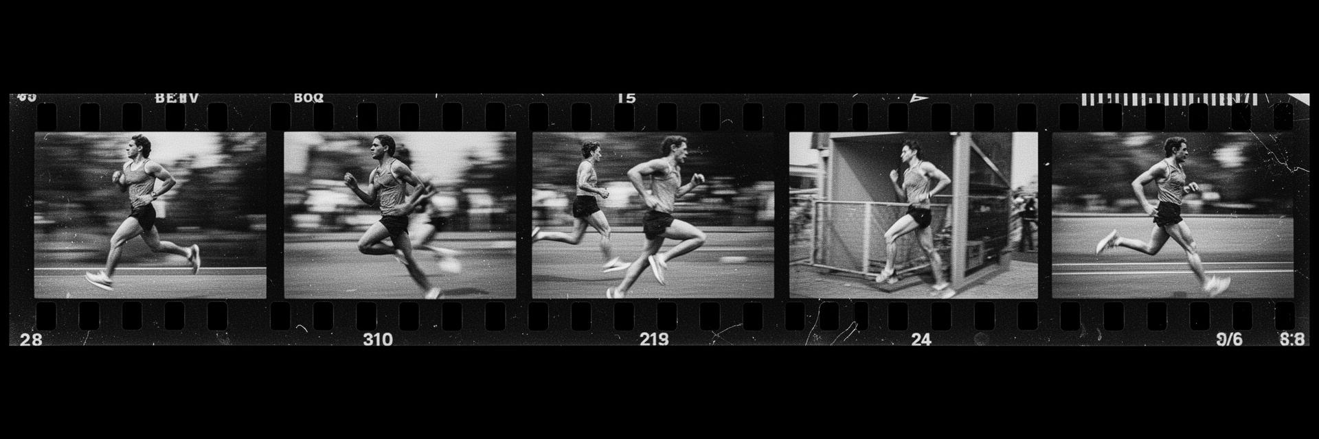 Black-and-white film strip showing a runner moving through several strides