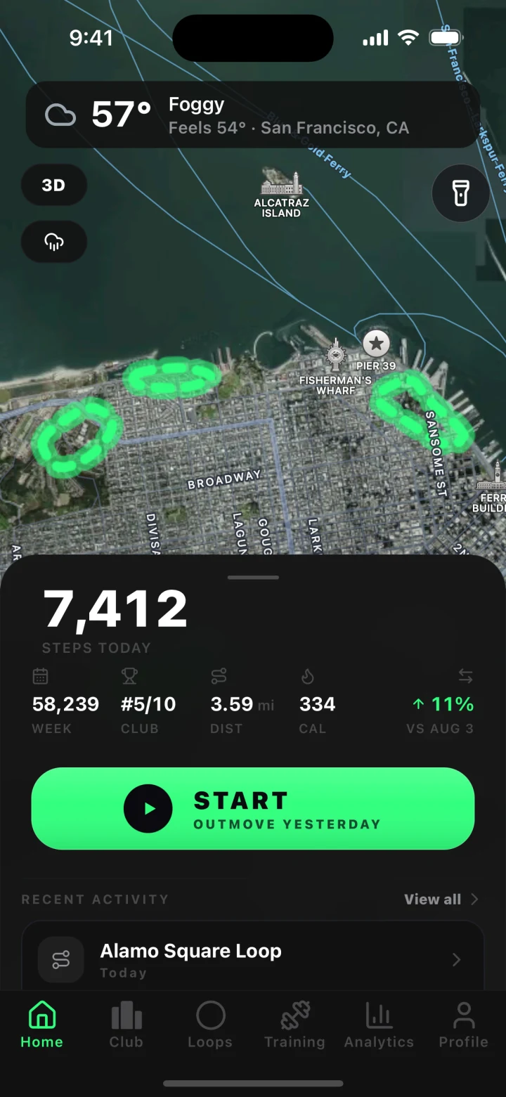 Actual GhostLoop Home screen showing 7,412 steps today, weekly steps, Club rank, distance, and a prior-day comparison