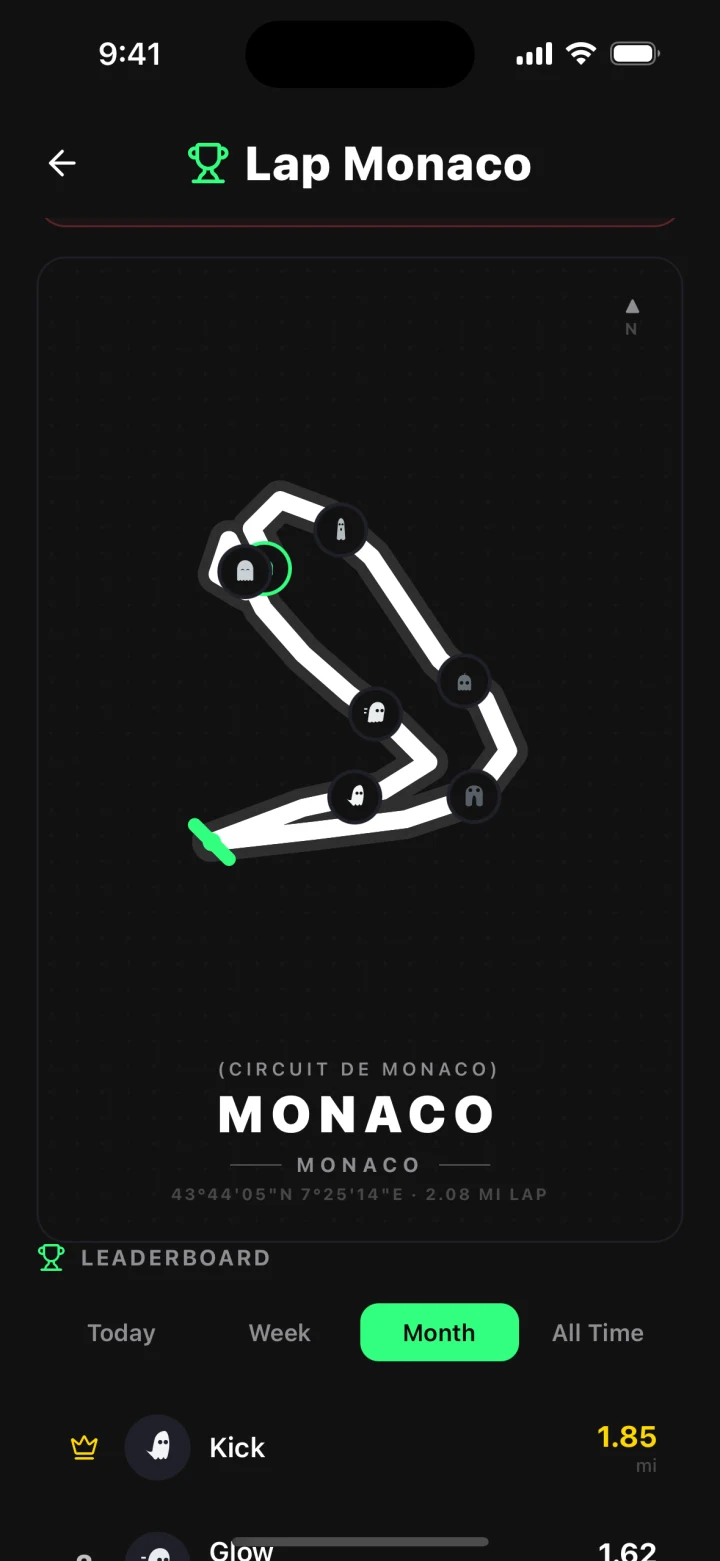 Actual GhostLoop Lap Monaco challenge screen showing Ghost Pacers on the circuit and the beginning of its leaderboard