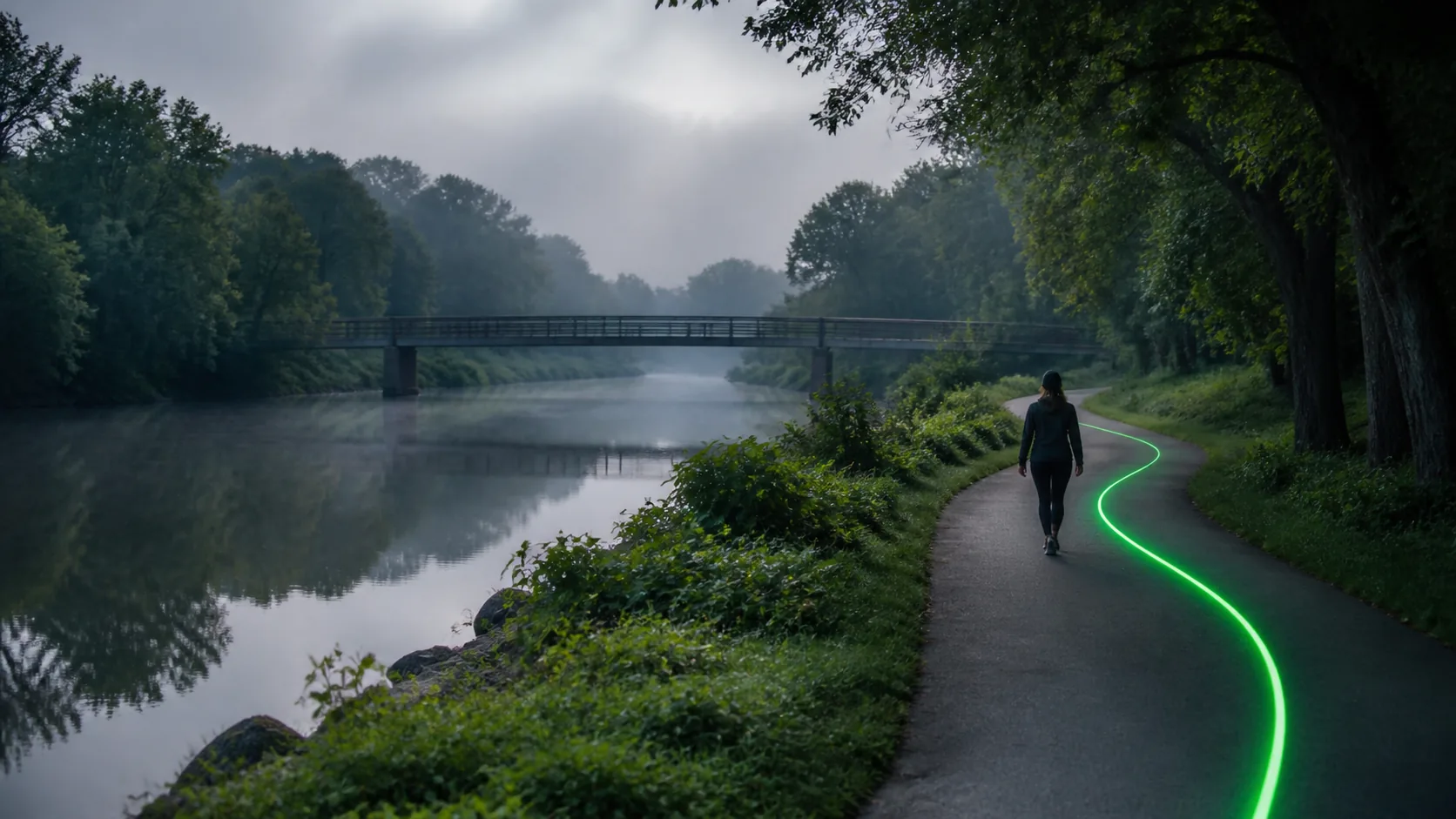 Walker following a green route line on a misty Midwestern riverside path