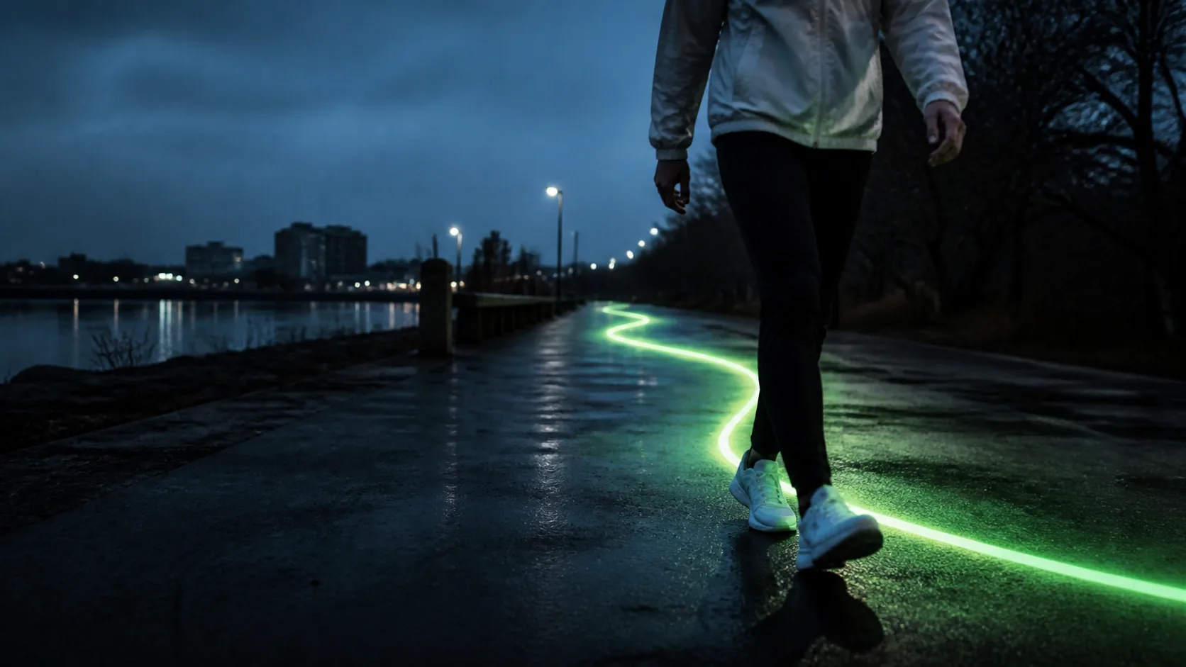 Walker following a green route line beside a river at blue hour