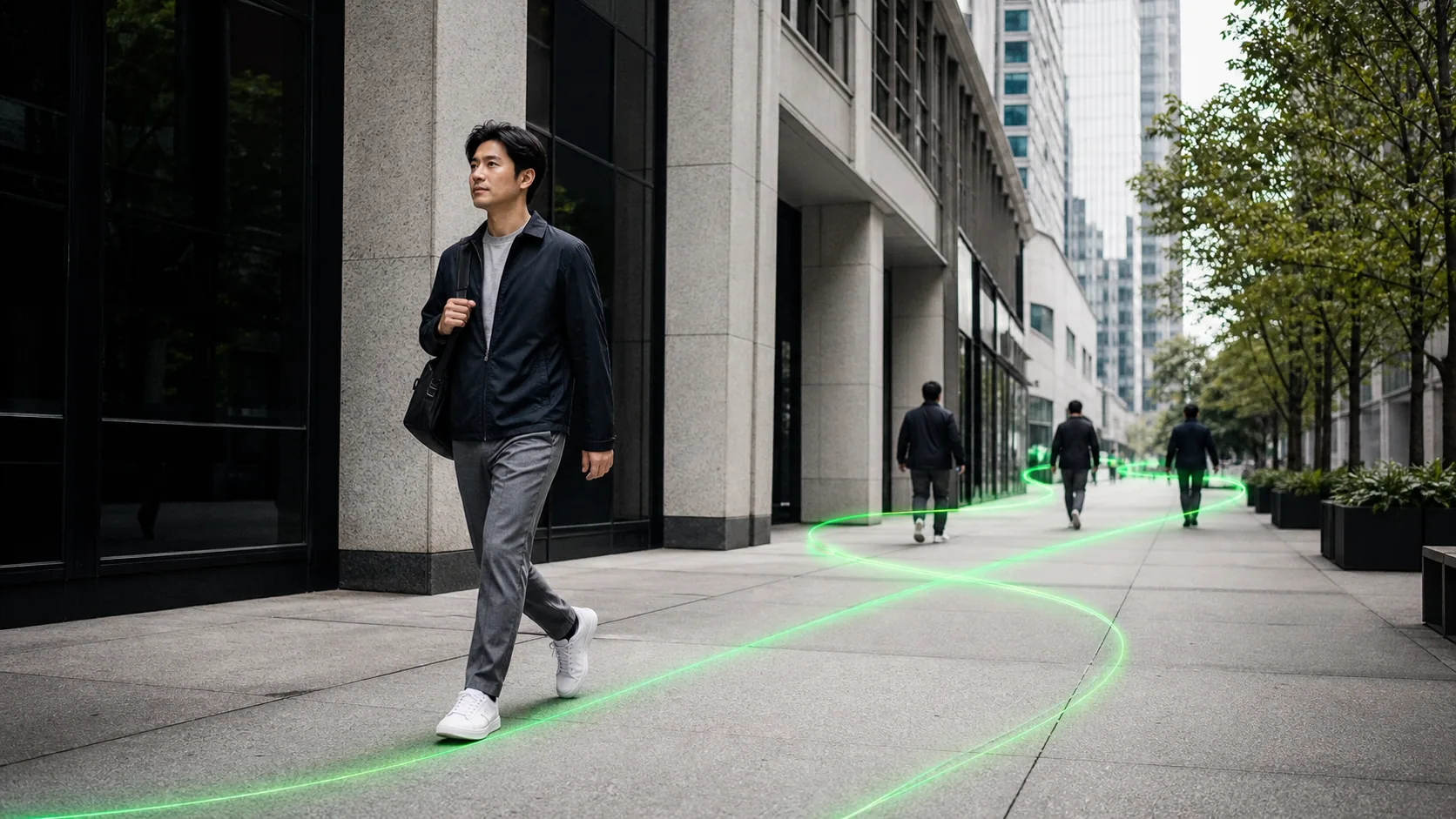 Person in work clothes adding a purposeful walk to a downtown day