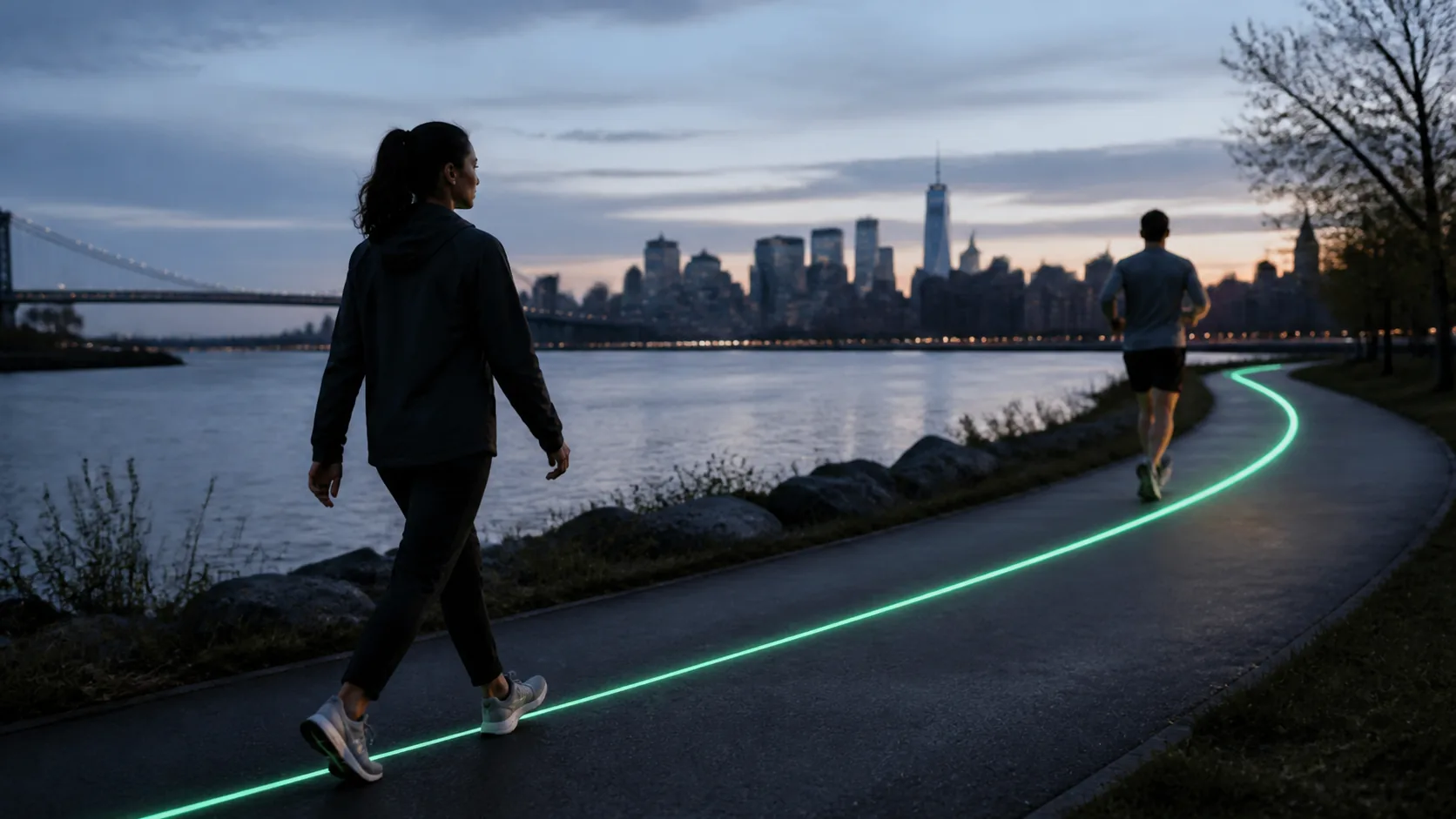 A walker and runner sharing the same green-lined riverside route